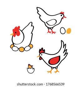 Set of isolated on white vector line icons - standing hen with eggs, rooster and chicken cracked from the egg, farm bird sitting on the nest. Cute hand drawn cartoon illustrations of poultry for logo 