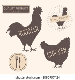 Set isolated on yellow background with bird - rooster and chicken and product label vector illustration for wallpaper and food background. Cocks and hens.