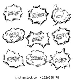 Set of isolated onomatopoeia comics sounds and explosion bubbles. Clouds for emotions and exclamation. Wow and kaboom, boom and pow, zap and wtf, aargh and pow. Cartoon talk and speak sketch