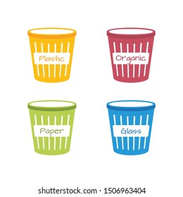 Set of isolated open bin for garbage. Icon office element in flat style. Using trash can sorting plastic, paper, glass and organic rubbish in office. Environment protection. Vector Illustration