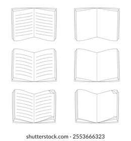 set of isolated open book drawing line with no color filled, vector illustration