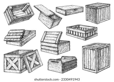 Set einzeln geöffneter und geschlossener Holzkiste. Skizze aus Holzkiste oder handgezeichnet Schublade. Realistisches Element für Versand und Lieferung. Einziger Gegenstand für die Ladungslagerung. Versandbehälter und -pakete