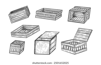Set of isolated opened and closed wooden box. Sketch of wood crate or hand drawn drawer. Realistic element for shipping and delivery. Isolated object for cargo storage. Shipping container and parcel