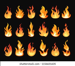 Set of isolated orange fire or glowing flames. Blazing or burning heat, warm glow or realistic fireball, dancing lights or dangerous wildfire. Flaming explosion or fireplace, campfire and energy theme