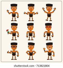 Set isolated orange robots different emotions in cartoon style.