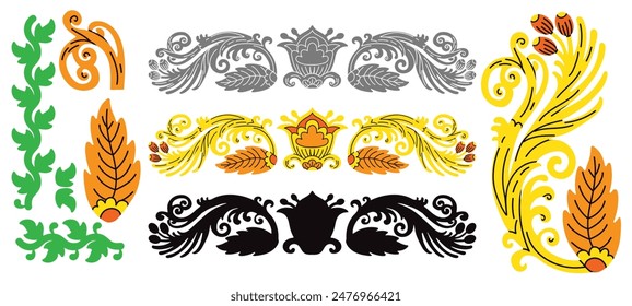 Set von vereinzelten Zierblumen-Elementen Blüten und Blätter. Vektorillustration. Details und Formens für Postkarten, Druck, Laserschneiden, Gravur, Bekleidung, Stickerei und Geschirrdesign
