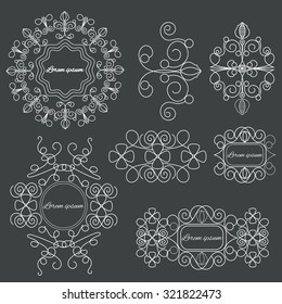 Set isolated ornamental logos template flourishes calligraphy elegant ornament lines on a black background. Vintage monogram. Vector illustration