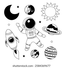 set of isolated outline astronaut, planets, Sun, Moon, rocket