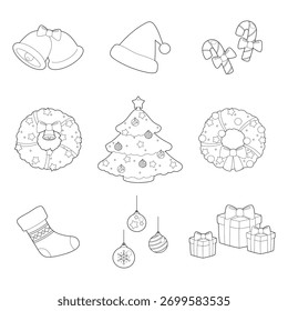 set of isolated outline christmas elements for decorating your warm christmas season, vector illustration
