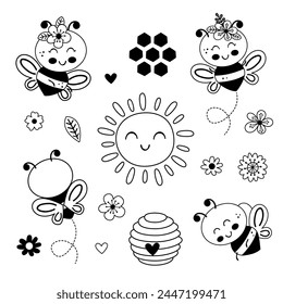 set isolated with outline cute bees, sun, flowers