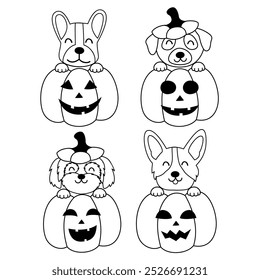 set of isolated outline cute dogs pumpkin Halloween 