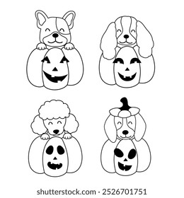 set of isolated outline cute dogs pumpkin Halloween 
