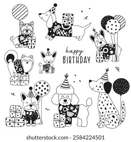  set of isolated outline cute funny dogs for birthday