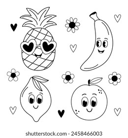 set of isolated outline cute pineapple, banana, lemon, orange