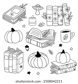 set of isolated outline cute pumpkins and books