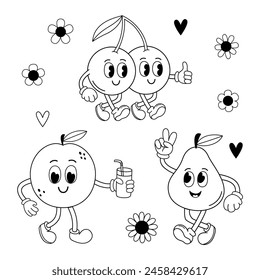  set of isolated outline  cute strawberry, watermelon, apple, cherry