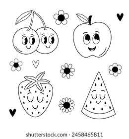  set of isolated outline  cute strawberry, watermelon, apple, cherry