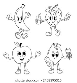 set of isolated outline funny banana, strawberry, apple, lemon
