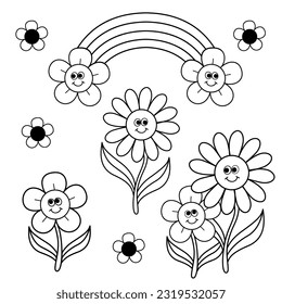 set of isolated outline funny flowers and rainbow