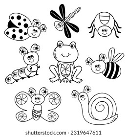 set of isolated outline funny frog and insects