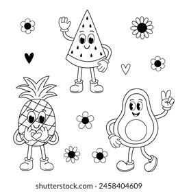 set of isolated outline funny pineapple, watermelon, avocado