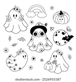 set of isolated  outline groovy ghosts and pumpkin