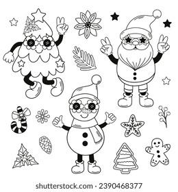 set of isolated outline groovy retro Santa, snowman, Christmas tree, gingerbread