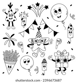 set of isolated outline  groovy retro party elements