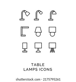 Set of isolated outline icons of different table lamps on a white background.
