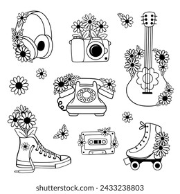 set of isolated outline objects.Telephone, camera, guitar, roller skates, sneakers, cassette, headphones