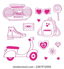 set of isolated outline pink girl stickers, record player, moped, backpack, sunglasses