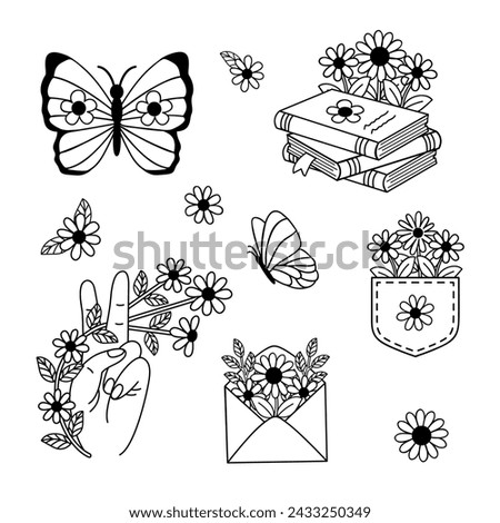 set of isolated outline  retro flower, books, butterfly