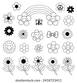 set of isolated outline retro groovy flowers, rainbow,butterfly