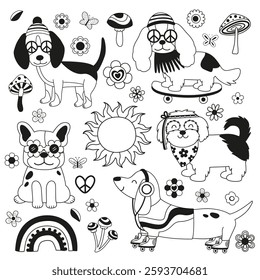 set of isolated outline retro hipster Dog and flowers