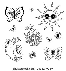 set of isolated outline retro sun, moon, butterfly, mushroom