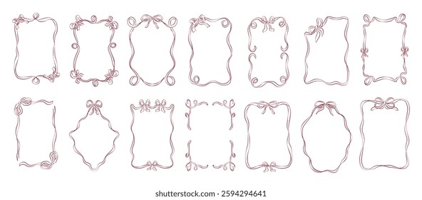 Set of isolated outline ribbon frames with bows in hand drawn style. Flat vector illustration. Template for greeting cards or posters for wedding, birthday and other holidays