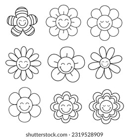 set of isolated outline smiling funny flowers