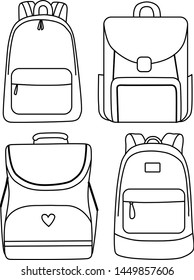 Set of isolated outline vector backpacks. Designs of bags, objects for back to school