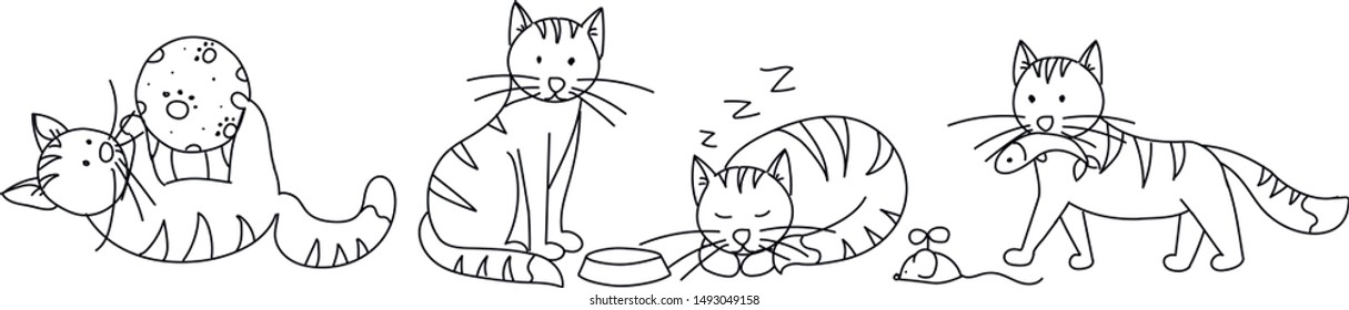 set of isolated outlines cute cats playing, sleeping and doing different activities on white background