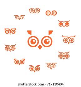 Set of isolated owl eyes round frame. Cartoon style, line vector icons.