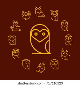 Set of isolated owl frame. Cartoon style, line vector icons.
