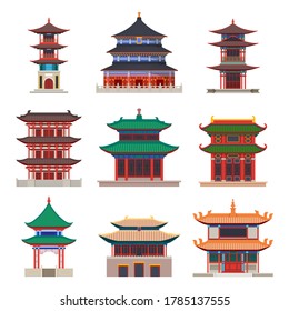 Set von isolierten Pagoda-Gebäude. chinesischer oder japanischer Bau. Traditionelles Tor des Tempels mit Blättern. Reliefturm oder gestufte Buddha-Hausfassade. Ausblick nach Bauweise und Architektur