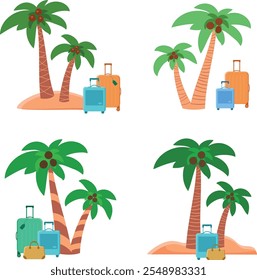 Set of isolated palm trees on sand with suitcases in cartoon style