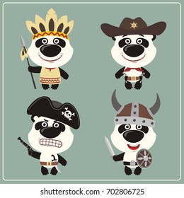 Set isolated panda in cartoon style in costume of viking, american indian, cowboy and pirate.