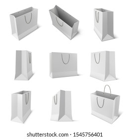 Set of isolated paper bag for shop. Realistic white shopping pack for woman, retail package design, supermarket container for lady. Blank isometric cardboard container for shopping. Gift pouch