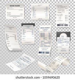 Set of isolated paper checks on transparent. Printed cash dispenser payment bill or supermarket, shop receipt or atm finance calculation, cheque. Accounting and transaction, purchase theme