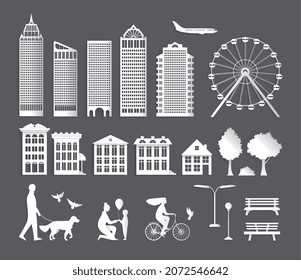 Set of isolated paper city elements with silhouettes of people park trees houses skyscrapers and airplane vector illustration