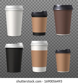 Conjunto de papel aislado o taza de café de plástico sobre transparente. Diseño vectorial de recipiente para bebidas de té. Mugre vacía o en blanco con tapa para bebida caliente. Sacar o sacar un recipiente portátil. Café, café