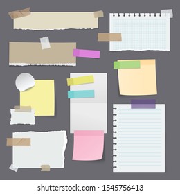 Set of isolated paper stickers or sticky note, yellow memo with tape, blank office reminder, notepaper background. Task list and attached message, plan and text, stick and mark, bookmark theme