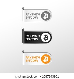 Set of isolated paper stickers. White and black template ribbon stiker. Tag for text message. Cryptocurrency payment offer. Pay with bitcoin.